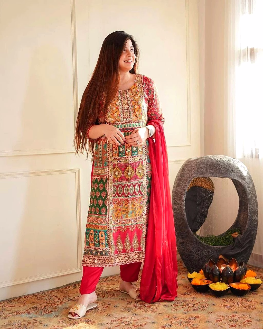 Elegant Maslin Printed Top with Real Mirror Work, Micro Inner, Free Size Pants & Georgette Dupatta image 3