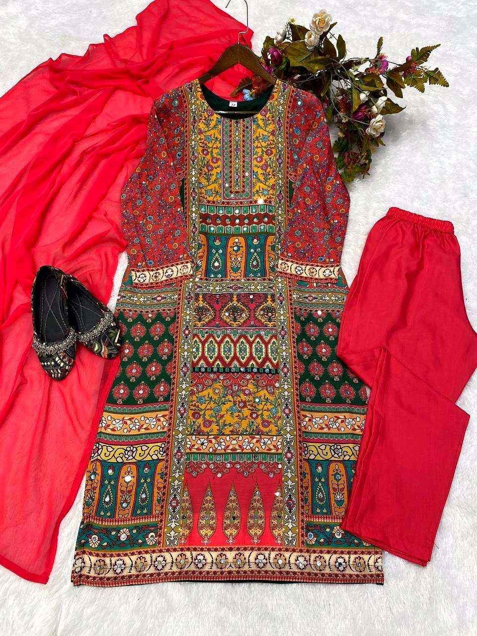 Elegant Maslin Printed Top with Real Mirror Work, Micro Inner, Free Size Pants & Georgette Dupatta image 6