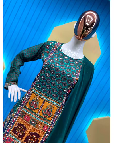 Stylish Maslin Top with Printed &amp; Mirror Work, Micro Pant &amp; Georgette Dupatta Set-Green-M-1
