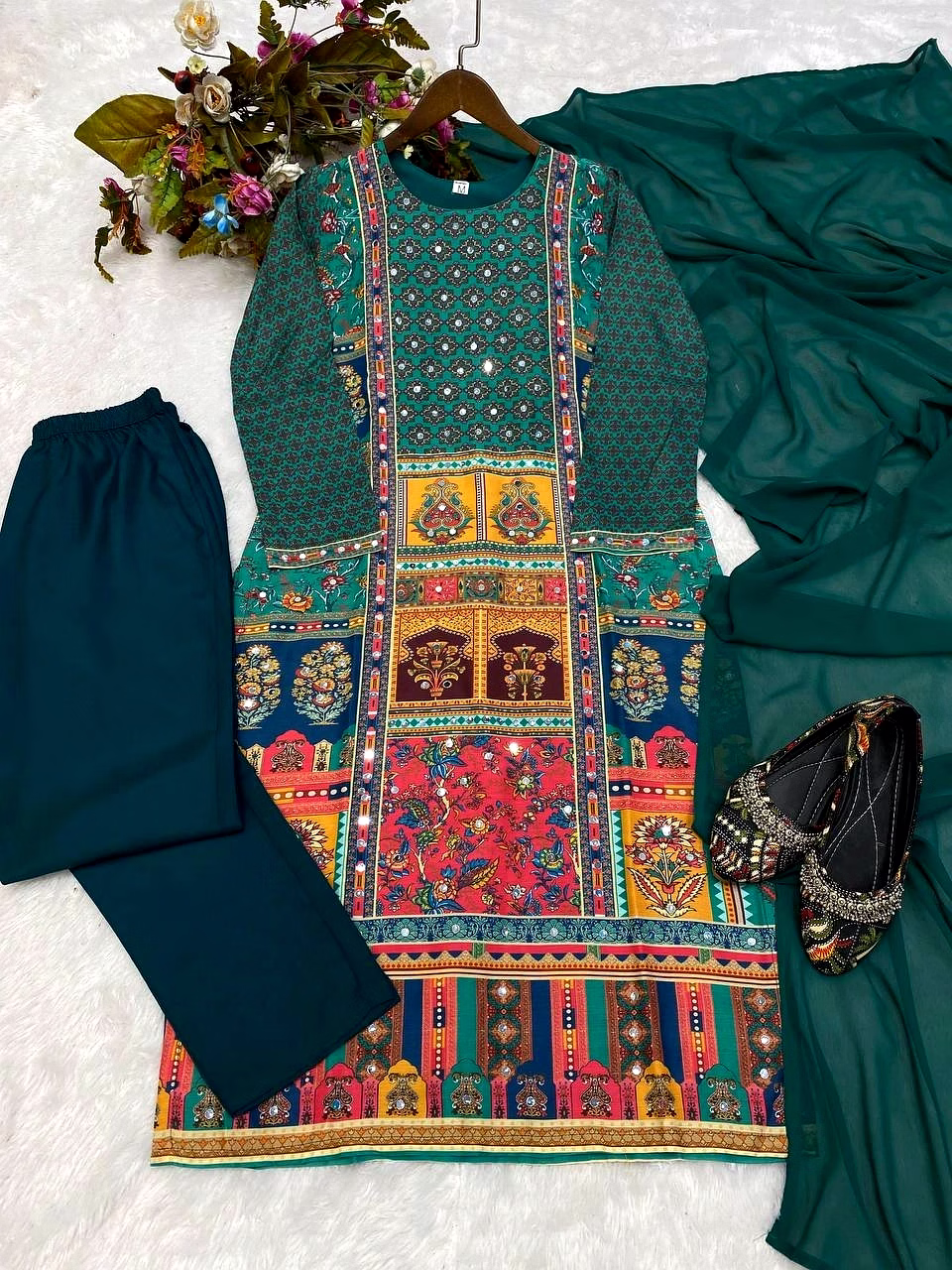 Stylish Maslin Top with Printed & Mirror Work, Micro Pant & Georgette Dupatta Set image 3
