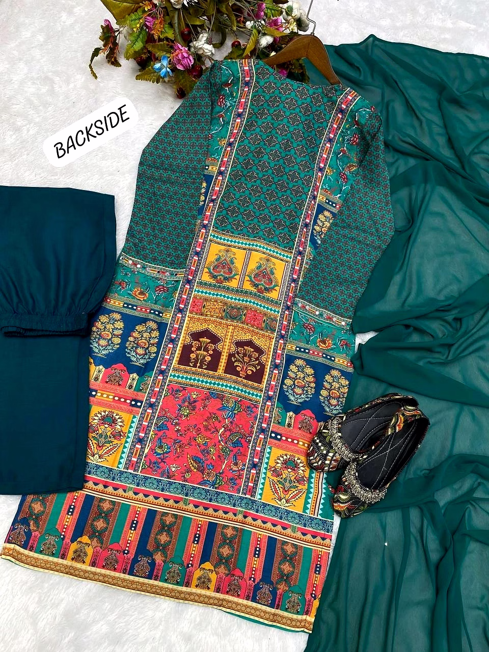 Stylish Maslin Top with Printed & Mirror Work, Micro Pant & Georgette Dupatta Set image 6