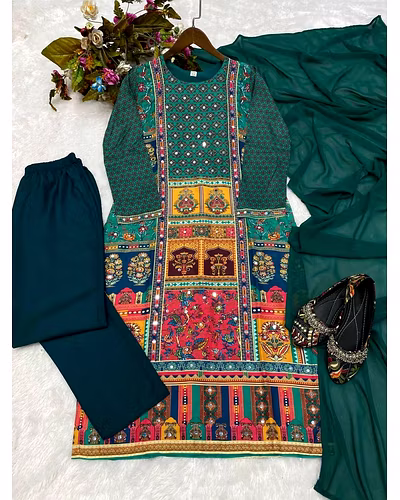 Stylish Maslin Top with Printed &amp; Mirror Work, Micro Pant &amp; Georgette Dupatta Set-L-Green-2
