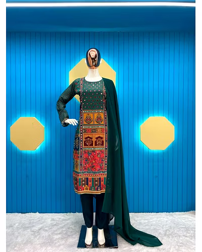 Stylish Maslin Top with Printed &amp; Mirror Work, Micro Pant &amp; Georgette Dupatta Set-RLG1848-Green-XL