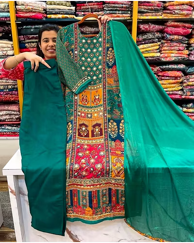 Stylish Maslin Top with Printed &amp; Mirror Work, Micro Pant &amp; Georgette Dupatta Set-XL-Green-4