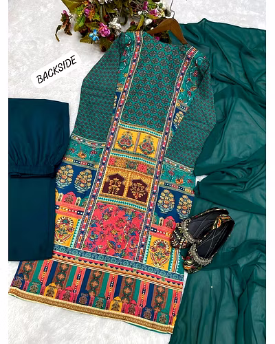 Stylish Maslin Top with Printed &amp; Mirror Work, Micro Pant &amp; Georgette Dupatta Set-XL-Green-5