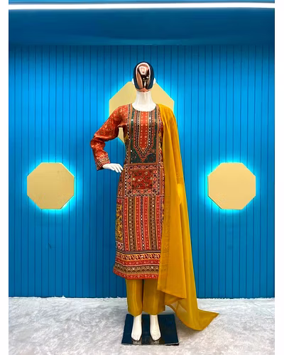 Stylish Maslin Top with Printed &amp; Mirror Work, Micro Pant &amp; Georgette Dupatta Set-RLG1848-Orange-L
