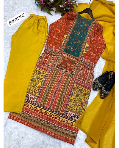 Stylish Maslin Top with Printed &amp; Mirror Work, Micro Pant &amp; Georgette Dupatta Set-L-Orange-3