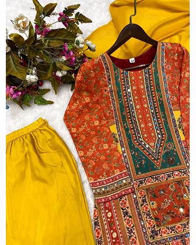 Stylish Maslin Top with Printed &amp; Mirror Work, Micro Pant &amp; Georgette Dupatta Set-L-Orange-5