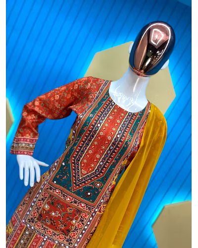 Stylish Maslin Top with Printed &amp; Mirror Work, Micro Pant &amp; Georgette Dupatta Set-XXL-Orange-1