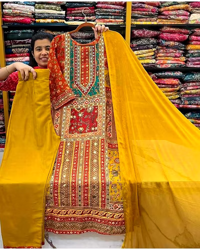 Stylish Maslin Top with Printed &amp; Mirror Work, Micro Pant &amp; Georgette Dupatta Set-XXL-Orange-2
