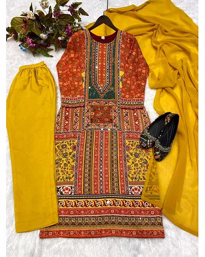 Stylish Maslin Top with Printed &amp; Mirror Work, Micro Pant &amp; Georgette Dupatta Set-XXL-Orange-4