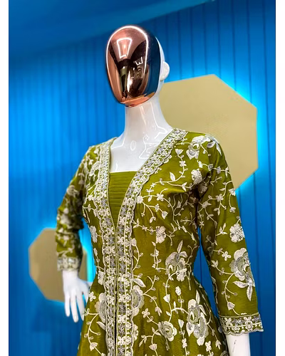 Elegant Chinon Silk Embroidered Top &amp; Plazo Set with Micro Cotton Inner and Heavy Work-Pista-XL-1