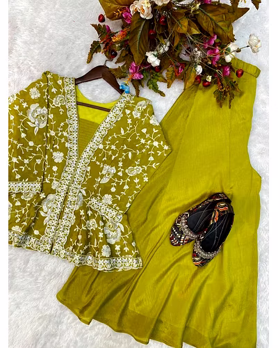 Elegant Chinon Silk Embroidered Top &amp; Plazo Set with Micro Cotton Inner and Heavy Work-Pista-XL-2