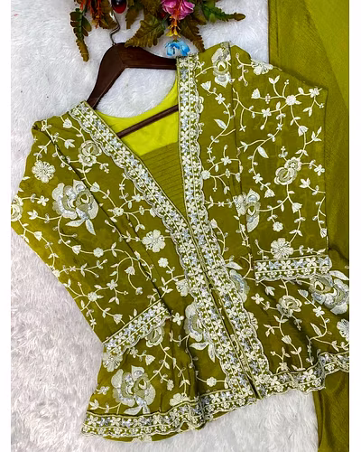 Elegant Chinon Silk Embroidered Top &amp; Plazo Set with Micro Cotton Inner and Heavy Work-Pista-XL-4