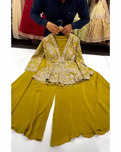 Elegant Chinon Silk Embroidered Top &amp; Plazo Set with Micro Cotton Inner and Heavy Work-Pista-XL-5