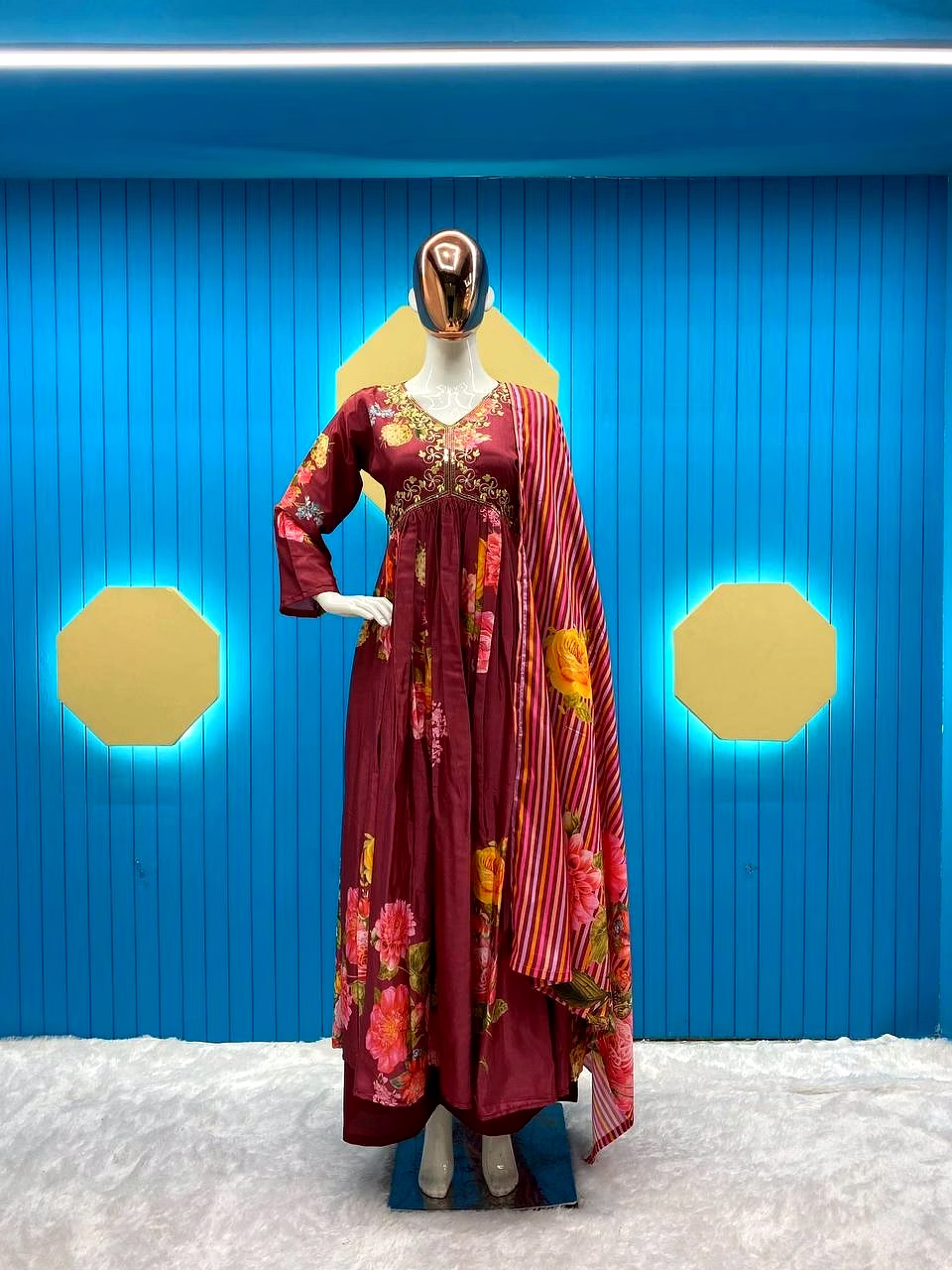 ynf elegant chinon gown with silk inner, full-stitched bottom & dupatta - sizes m to xxl