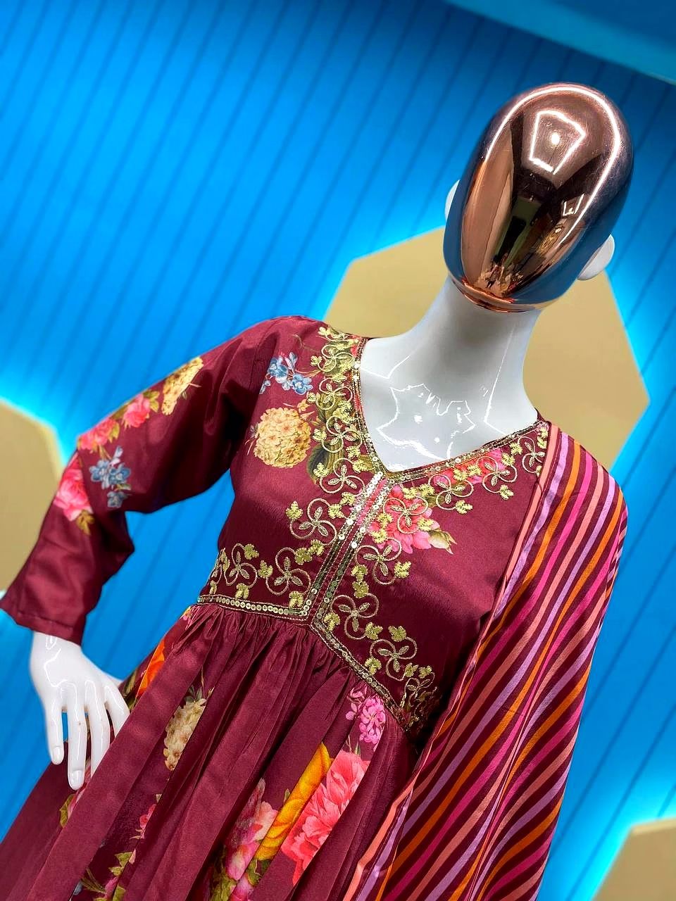 Elegant Chinon Gown with Silk Inner, Full-Stitched Bottom & Dupatta - Sizes M to XXL image 2