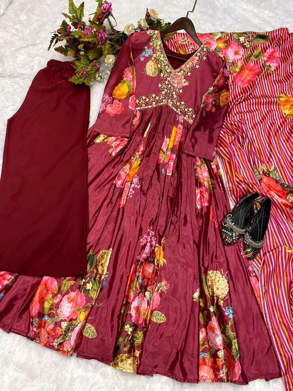 Elegant Chinon Gown with Silk Inner, Full-Stitched Bottom & Dupatta - Sizes M to XXL image 3