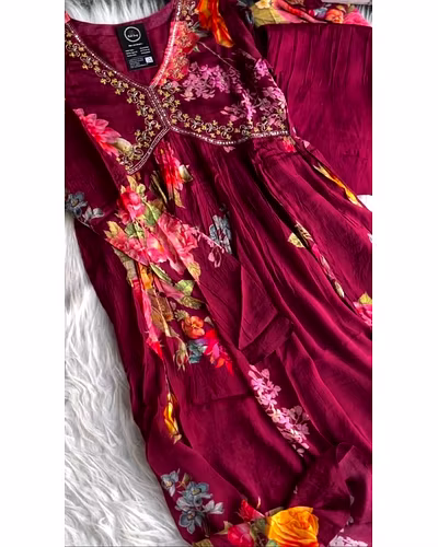 Elegant Chinon Gown with Silk Inner, Full-Stitched Bottom &amp; Dupatta - Sizes M to XXL-Maroon-3
