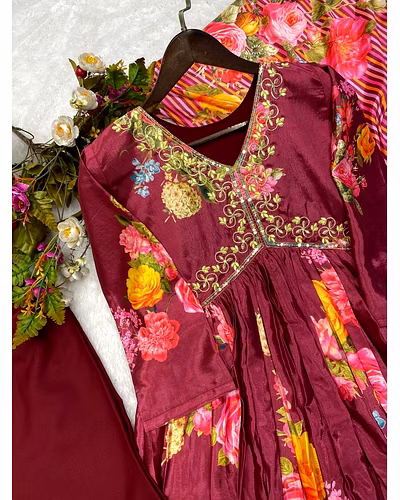 Elegant Chinon Gown with Silk Inner, Full-Stitched Bottom &amp; Dupatta - Sizes M to XXL-Maroon-4