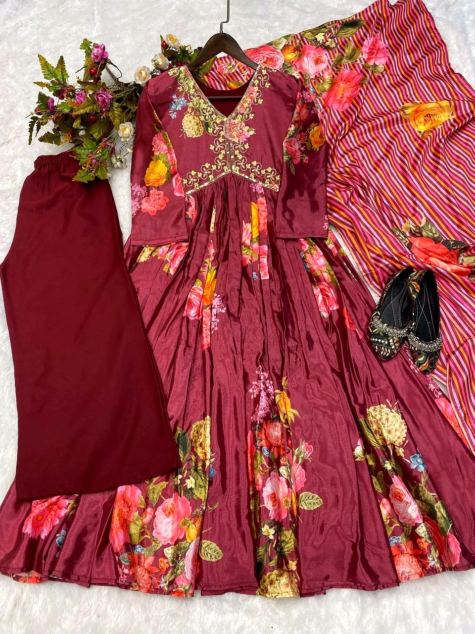 Elegant Chinon Gown with Silk Inner, Full-Stitched Bottom & Dupatta - Sizes M to XXL image 6
