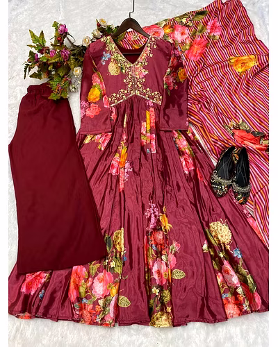 Elegant Chinon Gown with Silk Inner, Full-Stitched Bottom &amp; Dupatta - Sizes M to XXL-Maroon-5