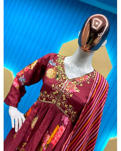 Elegant Chinon Gown with Silk Inner, Full-Stitched Bottom &amp; Dupatta - Sizes M to XXL-M-Maroon-1