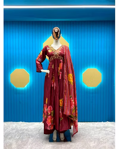 Elegant Chinon Gown with Silk Inner, Full-Stitched Bottom &amp; Dupatta - Sizes M to XXL-RLG1843-Maroon-XL