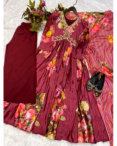 Elegant Chinon Gown with Silk Inner, Full-Stitched Bottom &amp; Dupatta - Sizes M to XXL-XL-Maroon-2
