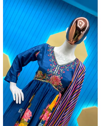 Elegant Chinon Gown with Silk Inner, Full-Stitched Bottom &amp; Dupatta - Sizes M to XXL-Navy Blue-L-1