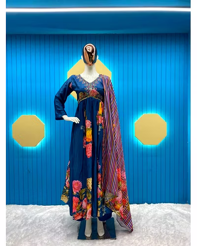 Elegant Chinon Gown with Silk Inner, Full-Stitched Bottom &amp; Dupatta - Sizes M to XXL-RLG1843-NavyBlue-XXL