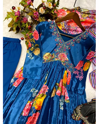 Elegant Chinon Gown with Silk Inner, Full-Stitched Bottom &amp; Dupatta - Sizes M to XXL-XL-Navy Blue-2