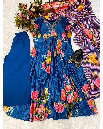 Elegant Chinon Gown with Silk Inner, Full-Stitched Bottom &amp; Dupatta - Sizes M to XXL-XL-Navy Blue-3