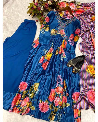 Elegant Chinon Gown with Silk Inner, Full-Stitched Bottom &amp; Dupatta - Sizes M to XXL-XL-Navy Blue-4