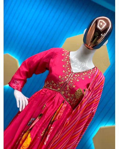Elegant Chinon Gown with Silk Inner, Full-Stitched Bottom &amp; Dupatta - Sizes M to XXL-M-Red-1