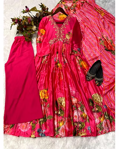 Elegant Chinon Gown with Silk Inner, Full-Stitched Bottom &amp; Dupatta - Sizes M to XXL-M-Red-3