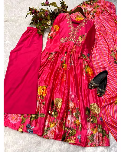 Elegant Chinon Gown with Silk Inner, Full-Stitched Bottom &amp; Dupatta - Sizes M to XXL-M-Red-4