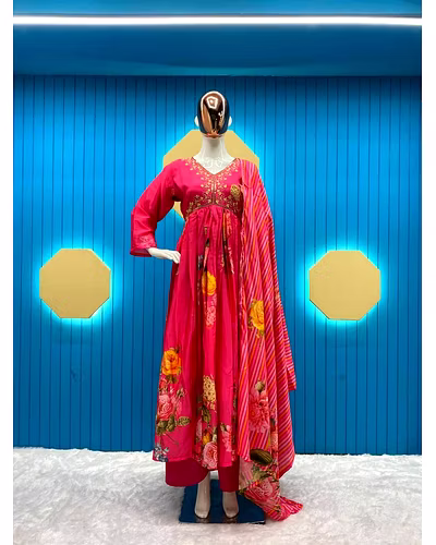 Elegant Chinon Gown with Silk Inner, Full-Stitched Bottom &amp; Dupatta - Sizes M to XXL-RLG1843-Red-XL