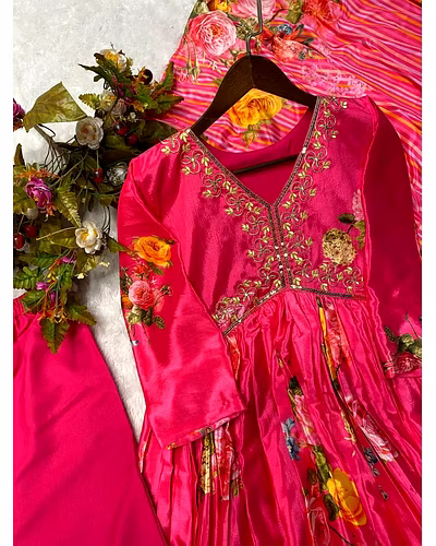 Elegant Chinon Gown with Silk Inner, Full-Stitched Bottom &amp; Dupatta - Sizes M to XXL-XL-Red-2