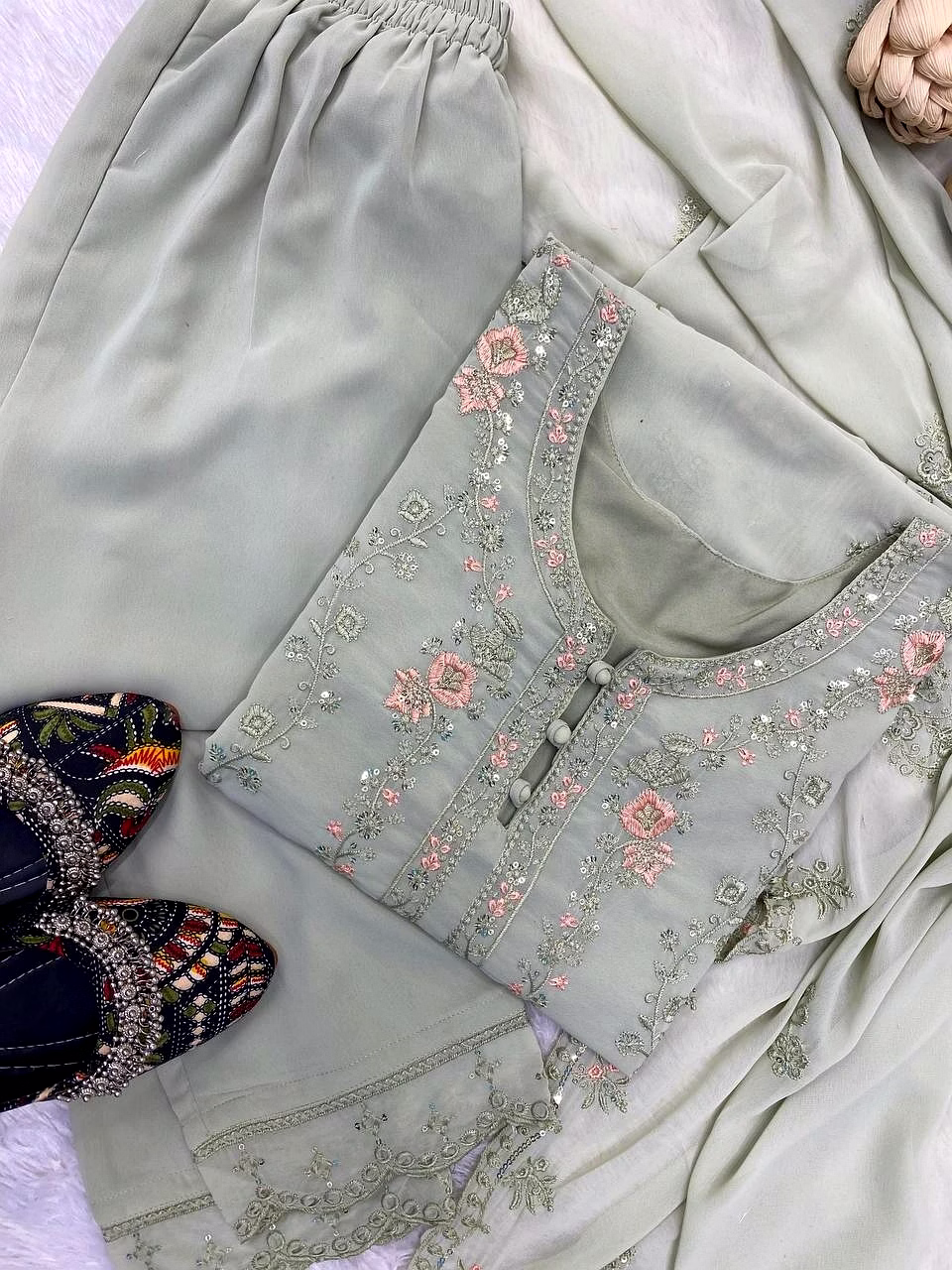 Faux Georgette Embroidered Sequence Work Suit Set with Dupatta - Sizes M to XXL image 5