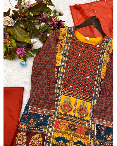 Stylish Maslin Top with Printed &amp; Mirror Work, Micro Pant &amp; Georgette Dupatta Set-M-Red-3