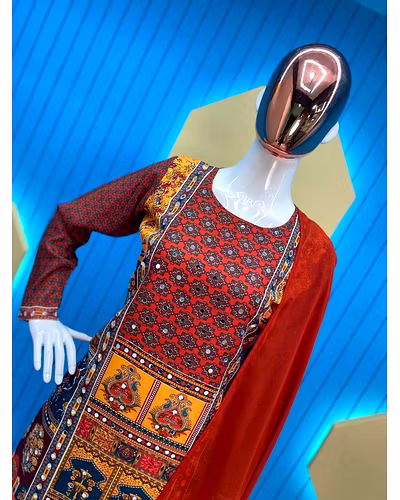 Stylish Maslin Top with Printed &amp; Mirror Work, Micro Pant &amp; Georgette Dupatta Set-RLG1848-Red-L