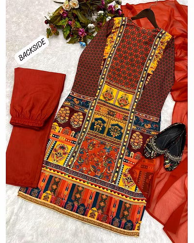 Stylish Maslin Top with Printed &amp; Mirror Work, Micro Pant &amp; Georgette Dupatta Set-L-Red-1