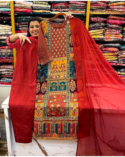 Stylish Maslin Top with Printed &amp; Mirror Work, Micro Pant &amp; Georgette Dupatta Set-XL-Red-4