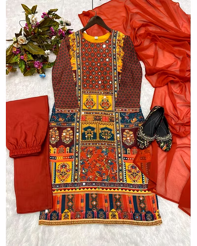 Stylish Maslin Top with Printed &amp; Mirror Work, Micro Pant &amp; Georgette Dupatta Set-XXL-Red-2