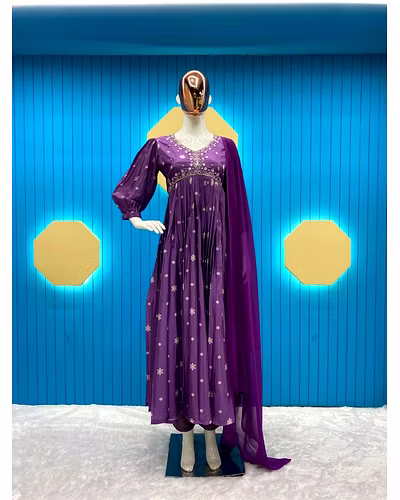 Elegant Chinon Gown with Silk Inner, Print &amp; Embroidery Work, Free Size, Includes Dupatta-Purple-XXL-1