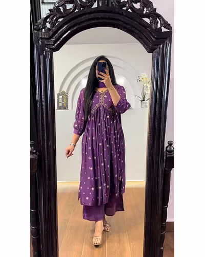 Elegant Chinon Gown with Silk Inner, Print &amp; Embroidery Work, Free Size, Includes Dupatta-RLG1838-Purple-L