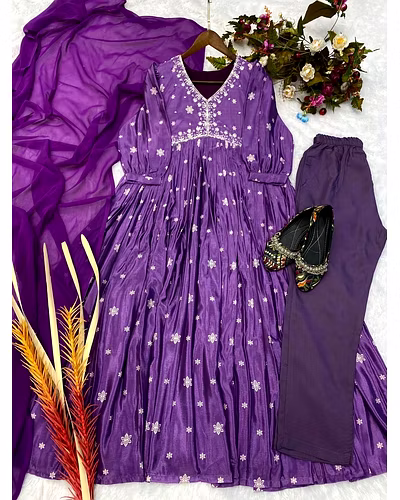 Elegant Chinon Gown with Silk Inner, Print &amp; Embroidery Work, Free Size, Includes Dupatta-M-Purple-3