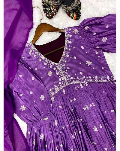 Elegant Chinon Gown with Silk Inner, Print &amp; Embroidery Work, Free Size, Includes Dupatta-XL-Purple-2
