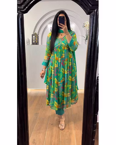 Elegant Chinon Gown with Silk Inner, Print &amp; Embroidery Work, Free Size, Includes Dupatta-RLG1838-Green-M